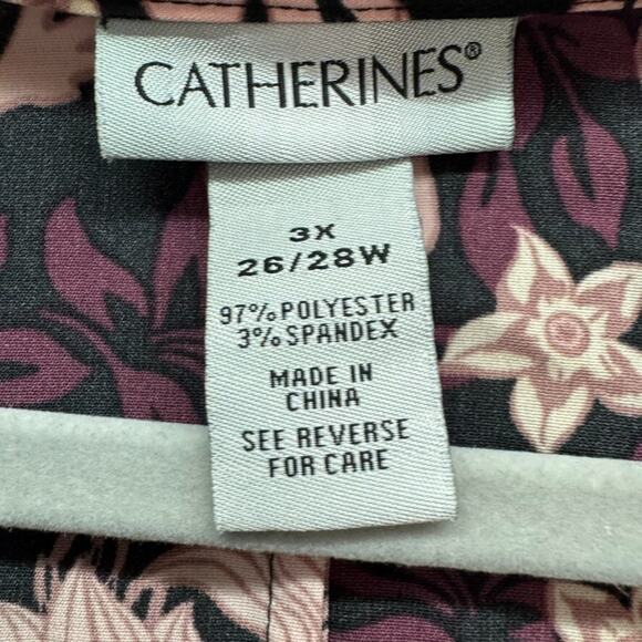 Catherines Top Women 3X Black Pink Floral Pleated Button Up Long Sleeve Collared - Picture 2 of 12
